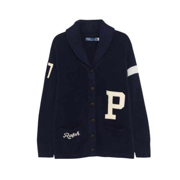 Polo Ralph Lauren Varsity Cardigan Sweater Womens XXL Navy Blue Wool Letterman - Picture 1 of 13